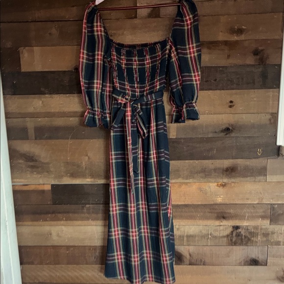 Dresses & Skirts - Plaid Off-Shoulder Maxi Dress with Waist Tie - Navy/Red